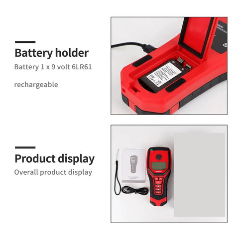 Knockout Badass 4 In 1 Wall Scanner Stud Finder showing battery holder and product display details with 9 volt rechargable battery.