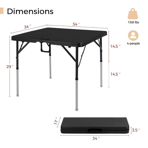 Dimensions of 34 Inch Folding Card Table Square with Detachable Legs shown, dual height adjustable, portable for indoor outdoor use.