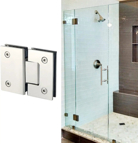 Rock Solid Heavy Duty Glass Shower Door Hinges, 2 Pack 180 Degree Pivot Clamps For 8 To 12 mm Frameless Glass, stainless steel hardware.