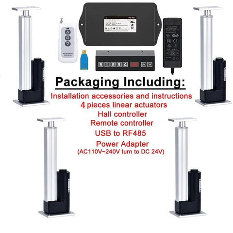 Straight Up Heavy Duty 3000N Load Four Piece Linear Actuators With Hall Controller For 24V DC Power set with remote and power adapter.