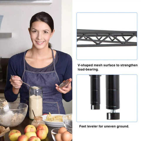 Heavy Duty Adjustable Wire Shelving Unit Featuring Six Tier Metal Storage Rack Rock Solid Design tailored for garage organization displayed in kitchen.