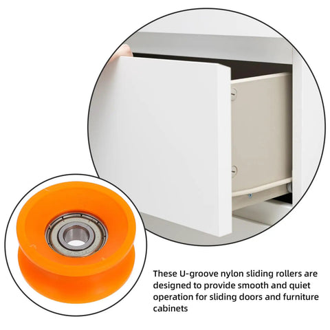 Heavy Duty Nylon U Groove Pulley Wheels With Micro Ball Bearings Built Like A Tank Super Quick Snap Install Durable Track Guide Rollers For Any Cart Or Machine Five Pack with orange roller and cabinet door.