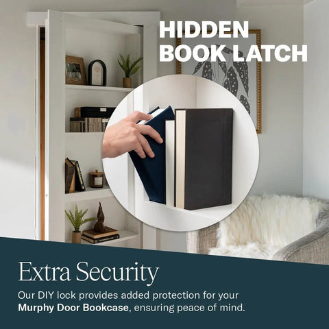 Solid As A Rock Hidden Hinge Hardware Bundle With Slick Flush Mount Setup And No Hassle Bookcase Latch For DIY Secret Doors That Takes Three Hundred Pounds Like A Champ showing a hand using a hidden book latch on a Murphy door bookcase.