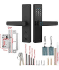 Premium Wireless Smart Door Lock Featuring Biometric Finger Scan And Numeric Keypad Interface Enabling Decoy Code Defense To Block Snoops Plus Instant Grip Activated Handling For Breezy Daily Grind Access. Black smart lock with keypad and handle.