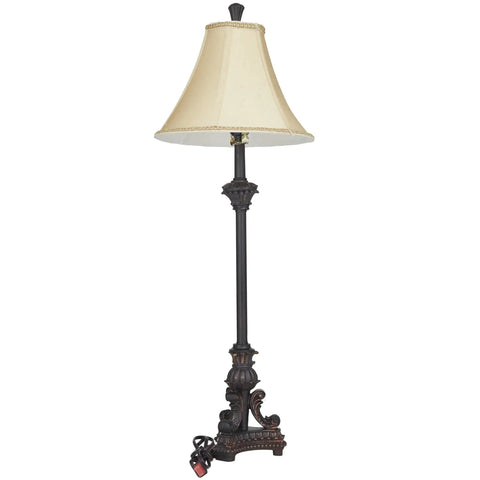 Antique Style Polystone Buffet Table Lamp With Tassel Pull Chain In Bronze Finish 31 Inches Tall Features A Carved Pedestal Base Beige Soft Silk Bell Shade With Corded Trim For Old School Room Glow