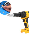 Heavy Duty Cordless Electric Rivet Gun With Brushless Motor And Integrated Led Light For 3.2 To 4.8 mm Fasteners. Handheld tool in use.