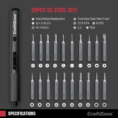 Mini Electric Screwdriver Set With 0.5 Nm Torque And 20 Precision S2 Steel Bits Featuring Bright Led Work Light And Magnetic Tray for gadget repairs with steel bits layout.