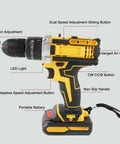 Heavy Duty Cordless Electric Drill Kit Loaded With Dual 21V Lithium Batteries Straight Up Variable Speed Control features adjustable torque settings.