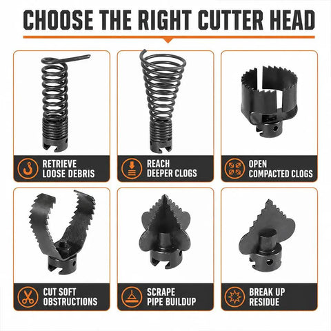 Choose the Right Cutter Head options shown for Seven Piece Plug Busting Drain Cleaning Cutter Head Attachment Featuring Reinforced Spring Coils And Sharp Serrated Blades For Heavy Duty Snake Auger Fixes And No Fuss Sewer Cleanups.