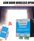 Image of GSM Gate Opener with 4G Remote Switch and SMS door control, metal housing, near a phone showing the 'Open' button.