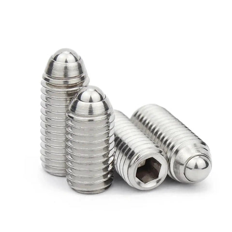 Premium 304 Stainless Steel Spring Ball Plunger Kit 1 to 5 Pieces M2.5 up to M16 Thread Sizes showing four shiny stainless steel plungers.