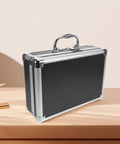 Rock Solid Hardcore Aluminum Rolling Tool Box With Secure Lock And Sturdy Grab Handle Lightweight Portable Design on a wooden table.