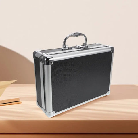 Rock Solid Hardcore Aluminum Rolling Tool Box With Secure Lock And Sturdy Grab Handle Lightweight Portable Design on a wooden table.