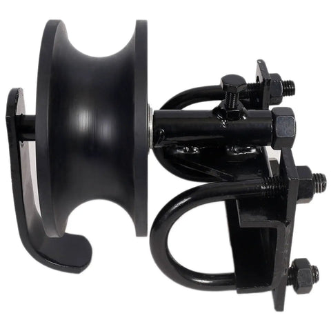 Rock Solid 5 Inch Sliding Gate Rollers With Greaseless Ball Bearings Runs Like A Champ Heavy Duty Galvanized Steel Chain Link Gate Wheels Fit 1 7 8 Inch Pipe Track And 1 5 8 Inch Frame 2 Pack Black nylon wheel and mounting bracket side view.