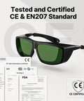 Shop Ready Laser Safety Glasses Featuring Od6 Plus And Od7 Plus Filters with CE and FDA certification papers displayed.
