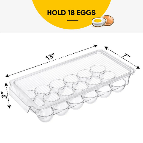 Clear 2 Pack Stackable 18 Egg Holder For Refrigerator With Lids showing transparent plastic organizer, 13x7x3 inches, holding 18 eggs.