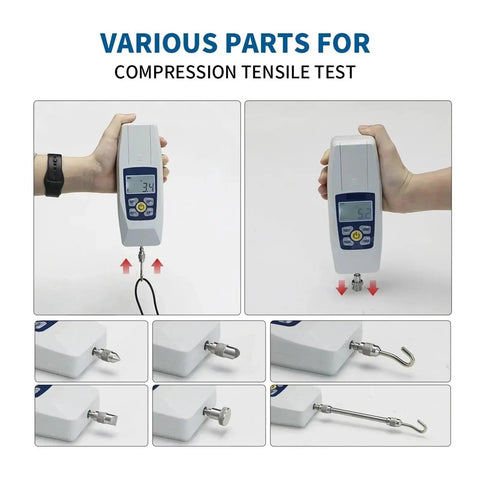 Digital Force Gauge With Backlit LCD & Auto Off Feature Push Pull Tester with various attachments for tensile testing.