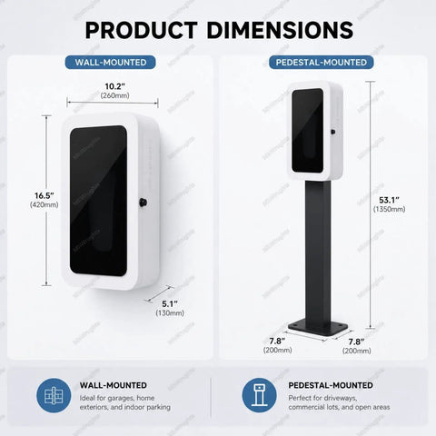 Built Like A Tank Zero Hassle EV Charger Enclosure dimensions for wall-mounted and pedestal-mounted install, matte black finish.