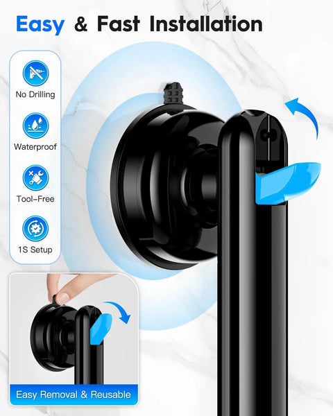 Premium Upgraded Rock Solid Two Pack Shower Grab Bars For Bathroom Wall, Heavy Duty Non Slip Suction Handles With Zero Drilling Nonsense, Game Changing Senior Safety Assist Grips, Reusable Black White Set installation process with suction cup and tool-free setup.