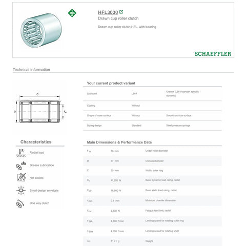 One Way Needle Roller Clutch Bearing Drawn Cup 30x37x30mm technical specifications and detailed dimensions.