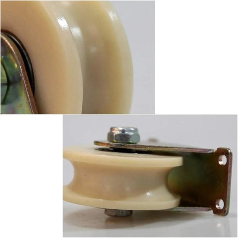Close-up of Rock Solid Heavy Duty Nylon Roller Pulleys, 5 inch, with sealed steel bearings and metal mounting, designed for wire rope rails.