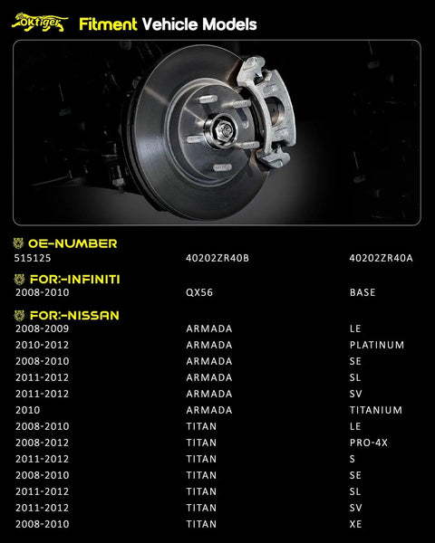 Tough As Nails Front Wheel Bearing Hub Assembly With Built In Abs and Six Lug Studs For Nissan Titan Armada and Infiniti Qx56 displayed with vehicle fitment details.