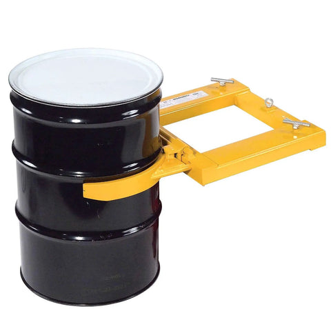 1500 Lb Capacity Single Fork Mounted Drum Gripper For 55 Gallon Drums Hinged Folding Arm Design with lock screws handling a drum