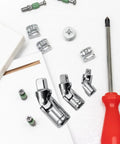 Rock Solid 3 Piece Universal Joint Socket Set With Rotatable Swivel Head For Tough Jobs And Confined Spaces That Make Any DIYer's Toolkit Smaller Yet Super Versatile And Way More Efficient., 3 steel chrome-plated universal joint sockets with screwdriver and hardware on white surface