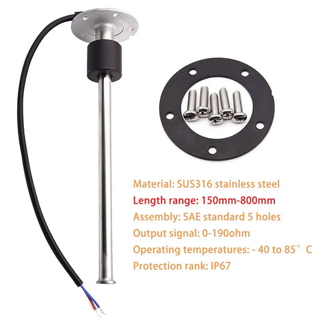 Straight Shot Fuel And Water Tank Level Sensor 600 mm 0 To 190 Ohm Signal with SUS316 stainless steel and SAE assembly.