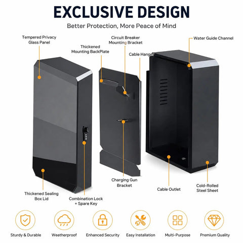 Foolproof Outdoor EV Charger Enclosure With Lock Tough Durable Steel Shell For Electric Vehicle Charging Stations side view showing steel construction and features.