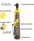 Cordless Electric Ratchet Wrench Set Workhorse For Auto Repair And Diy Projects Three Eighths Inch 40 Ft Lbs Torque 230 RPM 12V