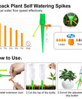 2 pack plant self-watering spikes with flow chart, extension ducts, bottle cutting, and drip button for adjustable watering.