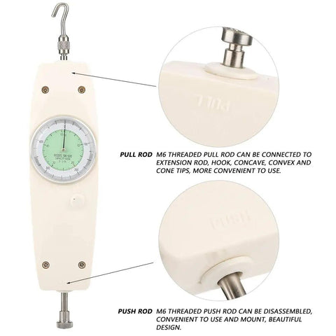 Dynamometer Force Meter With 500N Capacity Push Pull Tester And Dial Gauge For Shop Floor Industrial Labs And Workshop Quality Control With Precise Tension And Load Readings, front view with hook and push rod