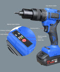 Cordless Electric Rivet Gun Featuring Brushless Auto Feed, Heavy Duty Plug And Play Blind Riveter And Nut Setter display with controls and battery.