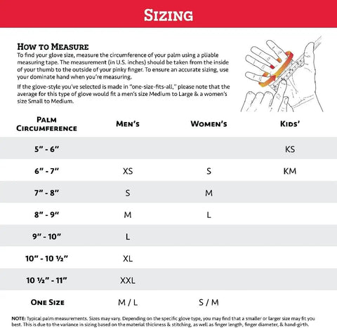 Sizing guide for Women's Gold Suede Pigskin Work And Snowboarding Mitts Featuring Reinforced Palm And Thumb Patch.