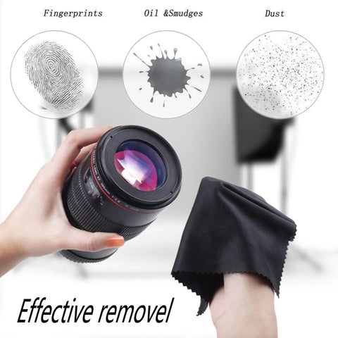 12-pack microfiber cleaning cloths for glasses and cameras, 6 black & 6 gray, 6x7 in; wiping a camera lens