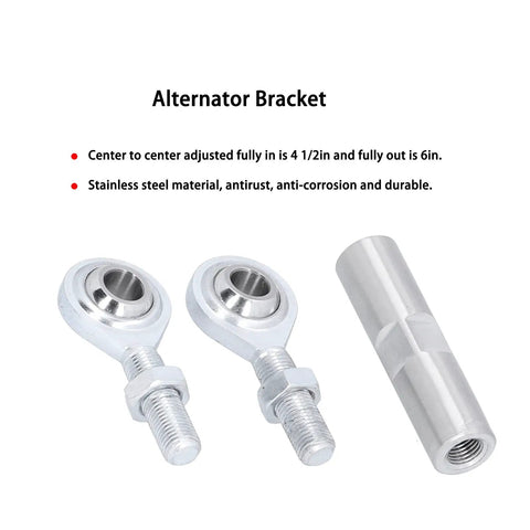 Heavy Duty Adjustable Tensioning Rod With Precision Heim Joint For Sbc Bbc 350 454 Engines Stainless Steel Alternator Bracket showing adjustable stainless steel components.