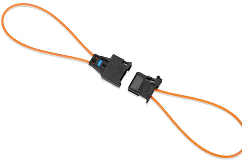 Fiber optic loop adapters, 2 pcs, black with orange cable, front view.