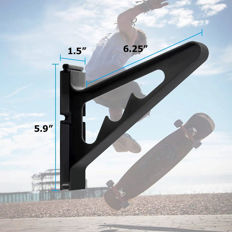 A Badass Skateboard Wall Mount Rack To Keep Your Boards Off The Floor With Adjustable Layers, featuring a durable black design with measurements.