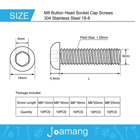 M8 Button Head Socket Cap Screw diagram showing size dimensions, 304 Stainless Steel, for Heavy Duty M8 Button Head Socket Cap Screw Assortment Kit With 304 Stainless Steel Fully Threaded Metric Allen Hex Bolts In 12mm 16mm 18mm 20mm And 25mm Sizes Tough As Nails Performance For No Frills Projects Total Of Fifty Pieces.