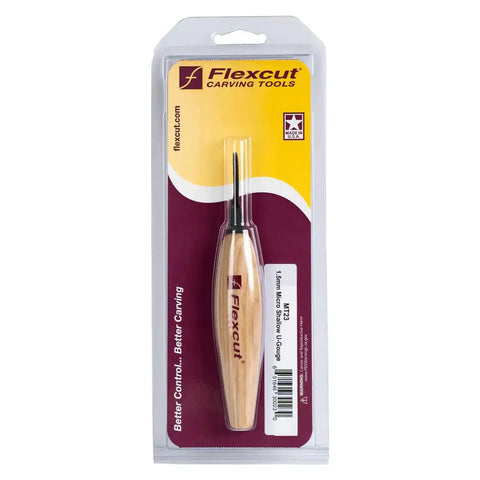 Tough As Nails 1.5 mm Micro Shallow U Gouge High Carbon Steel Wood Carving Tool With Rock Solid Ash Wood Handle For Premium Clean Cuts And Razor Sharp Detailing Made In Usa in packaging.