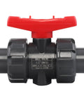 Front view of Solid Two Pack PVC True Union Ball Valve NPT Threaded With Full Port EPDM O Rings And Reversible PTFE Seats Rated At Two Hundred PSI One Half Inch NPT Threaded