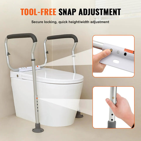 Built Tough Toilet Safety Rail With Padded Armrests, adjustable snap adjustment for secure height and width by toilet.