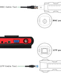 Back view of Handy 5 Inch Wrist CCTV Tester With HDMI And VGA Inputs showing BNC and UTP cable test ports.
