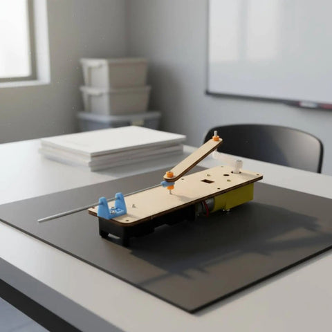 Knockout Classroom Demo Machine Featuring Slick Electric Reciprocating Linkage Model Linear Motion Apparatus Mechanical Demonstration Setup With Adjustable Stroke Iron Shaft Built Rock Solid on lab table with visible components.