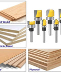 Six Piece 1 Quarter Inch Shank Grooving Router Bit Set With Bearings For Edge Mortising Flush Trim Bowl And Tray V Groove Template with wood, MDF, plywood, and particle board