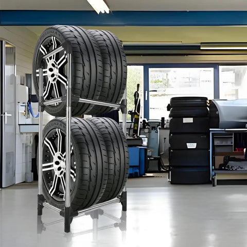 Essential Garage Heavy Duty 4 Tire Storage Rack holds four tires on a steel frame in a garage for efficient storage.