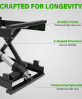 Rock Solid Electric Scissor Lift Table 130 Pound Capacity Adjustable Hydraulic Lifting Platform With Wireless Remote close-up of durable frame and hydraulic mechanism
