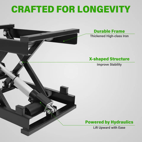 Rock Solid Electric Scissor Lift Table 130 Pound Capacity Adjustable Hydraulic Lifting Platform With Wireless Remote close-up of durable frame and hydraulic mechanism