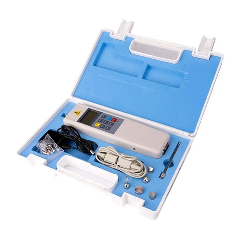 Top Notch Digital Force Gauge Offering Slick Pull And Push Measurements No Fuss Compact Design with accessories in case.
